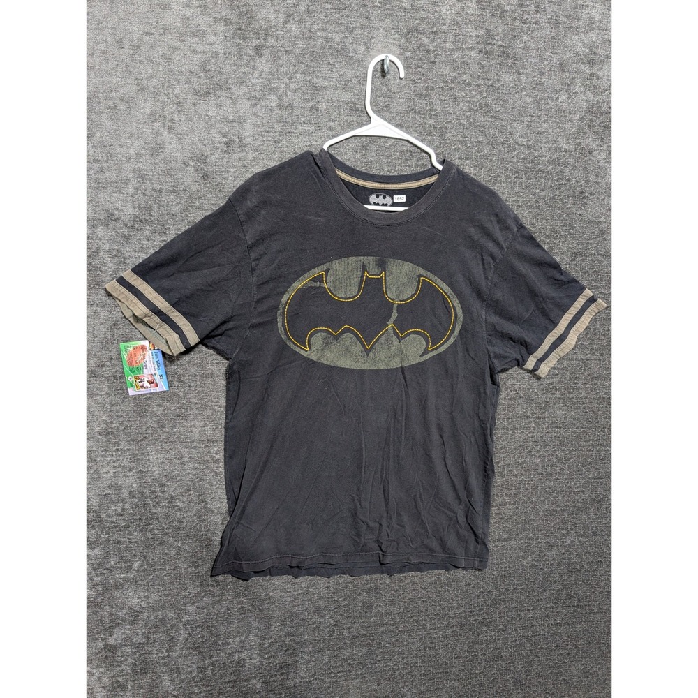 Batman Graphic T-Shirt Mens Large Black Short Sleeve Ringer Stripe Bat Signal